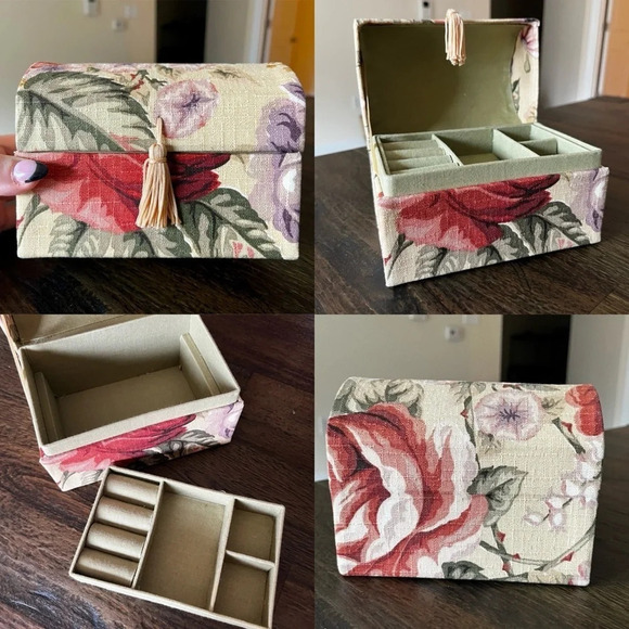 Shabby Chic Floral Fabric Covered Tassel Jewelry Box Organizer Holder - Picture 1 of 9